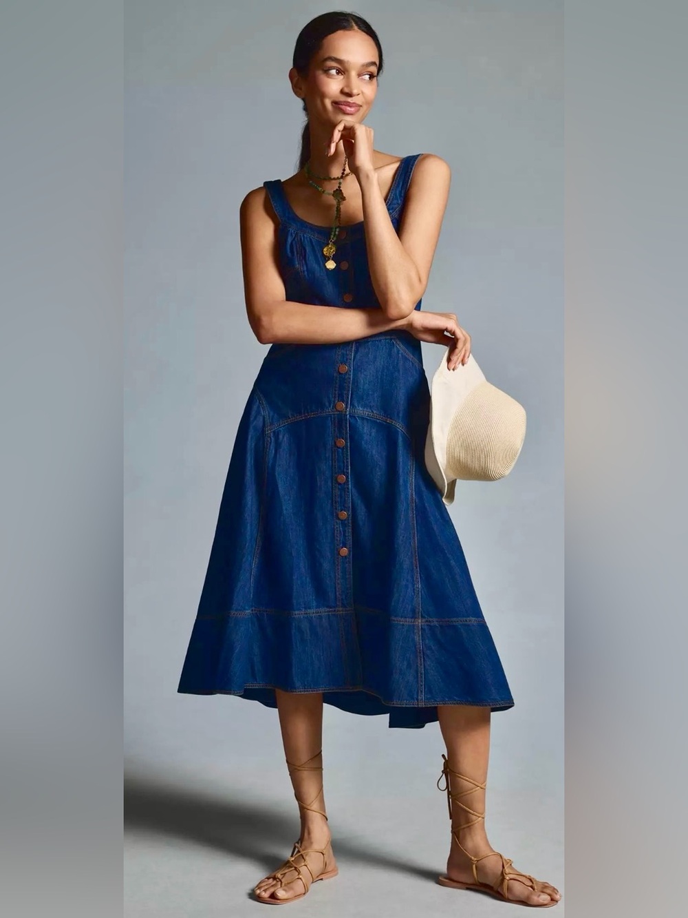 Anthropologie Pilcro Button-Front Denim Pinafore Midi Dress